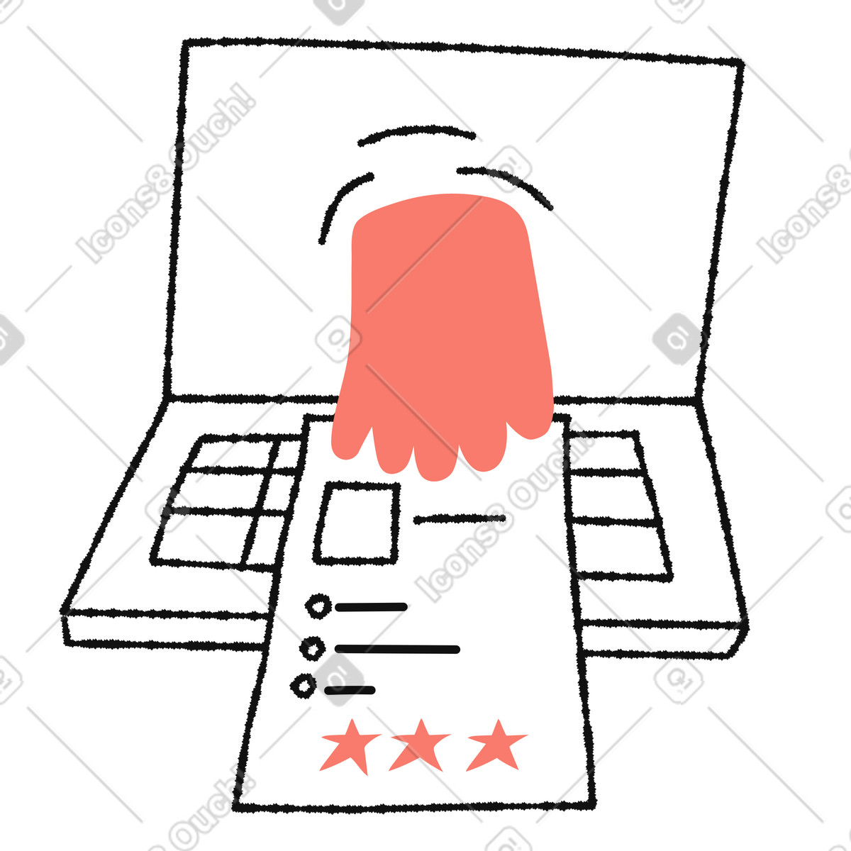 Ilustração de Laptop hand submitting online survey form with three star rating em no estilo Bold People para baixar em PNG, SVG