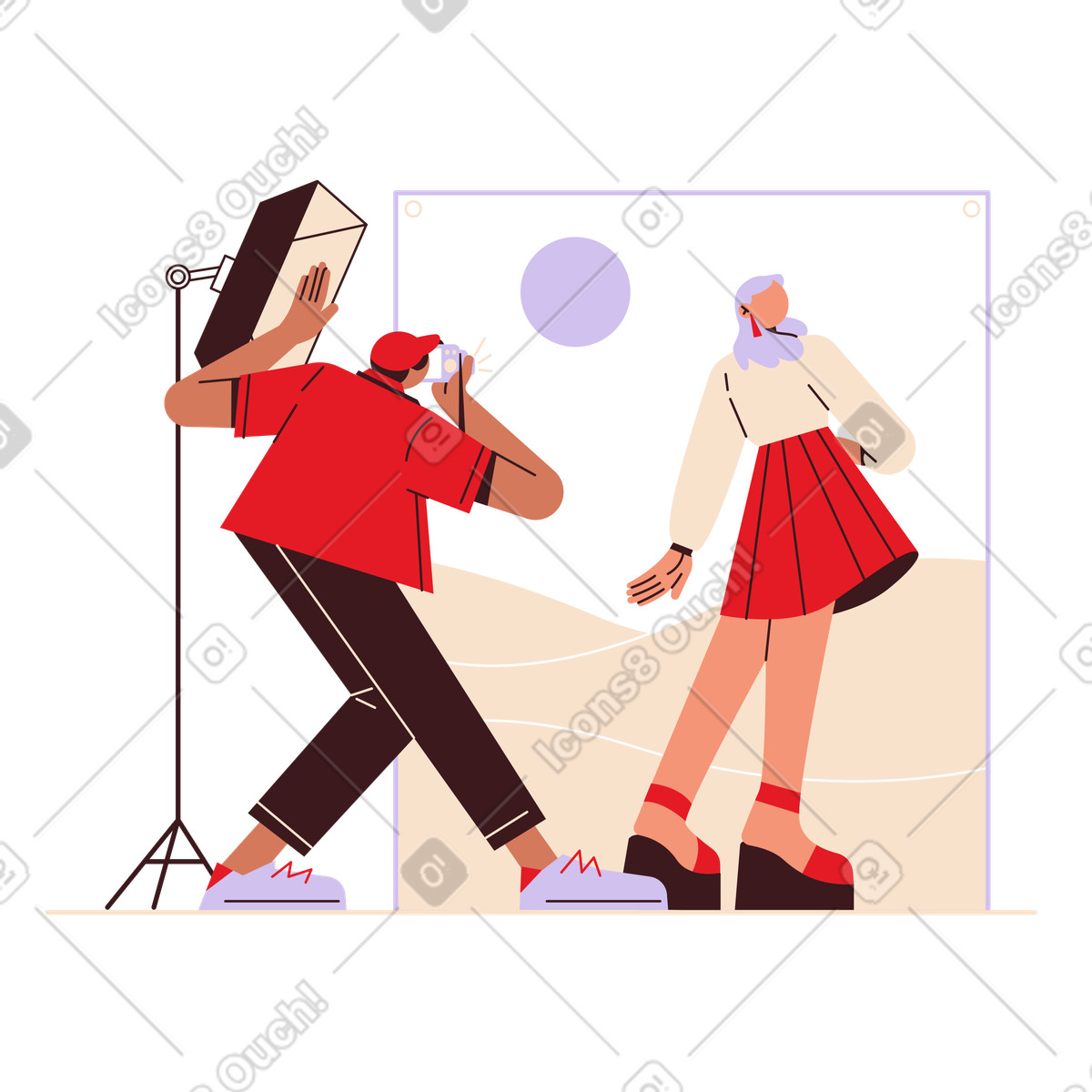 Folks スタイルの Photographer taking studio shot with model, Professional photo session のイラストをPNG、SVG形式でダウンロード