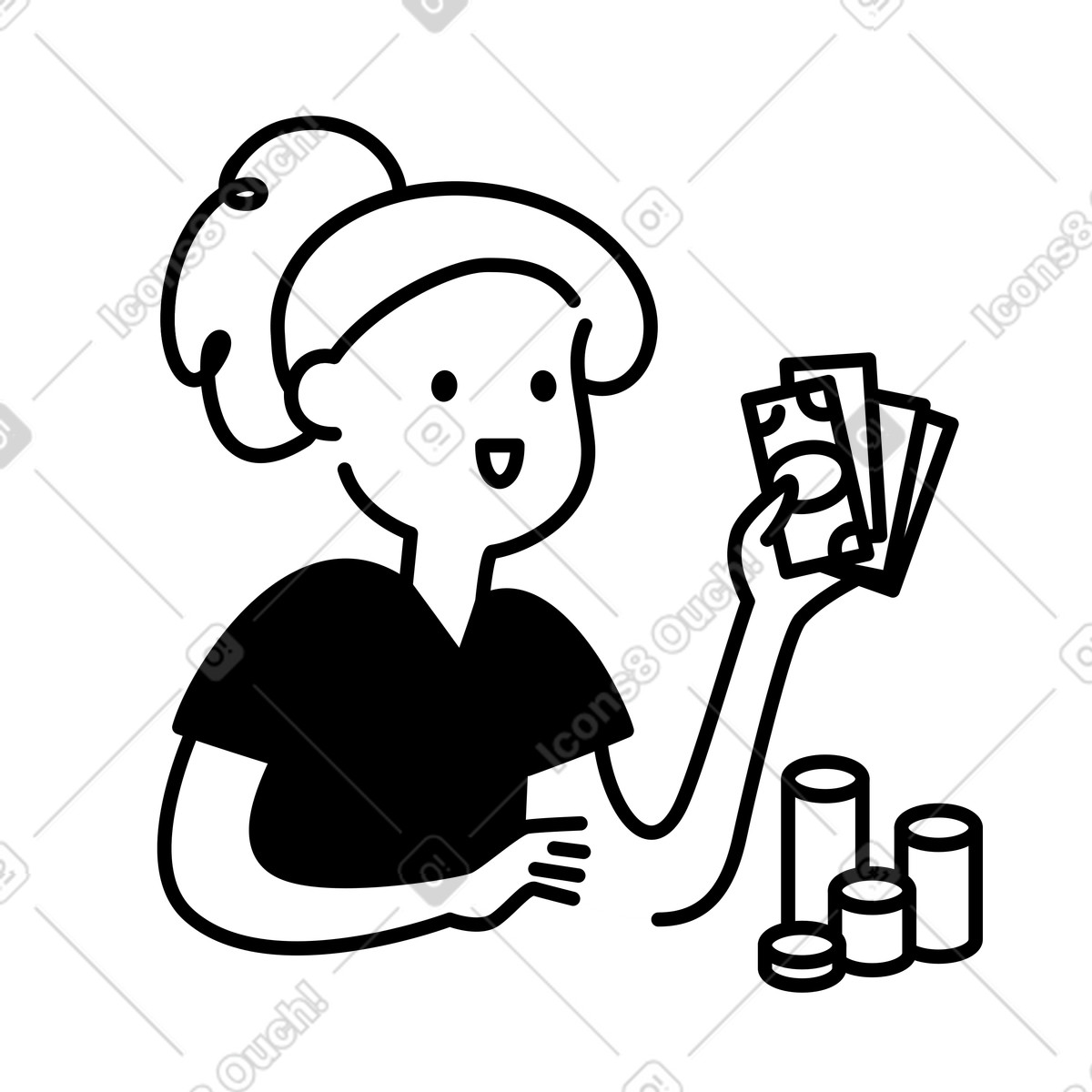 Ilustração de Money budgeting woman counting cash bills and stacked coins savings em no estilo Notion Line Art para baixar em PNG, SVG