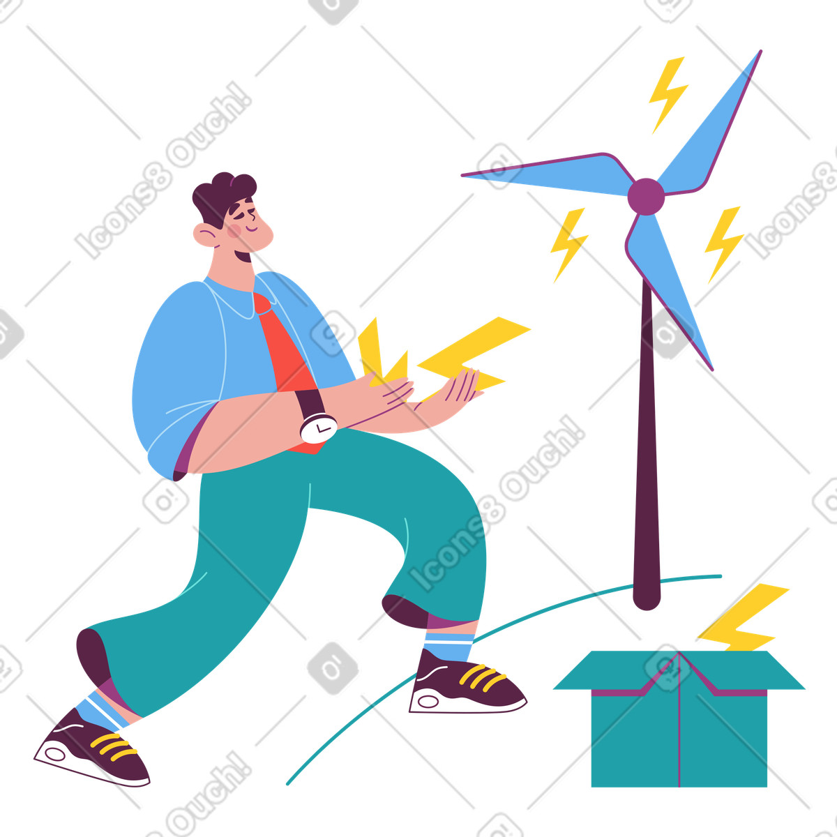 Collecting energy from wind turbine, Green technology and sustainability illustration in Sammy style download in PNG, SVG