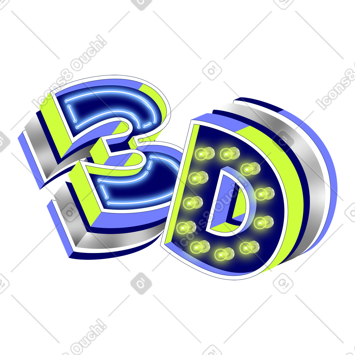 Lettering 3d con tubi al neon e testo lampadine illustrazione in stile scarica in PNG, SVG
