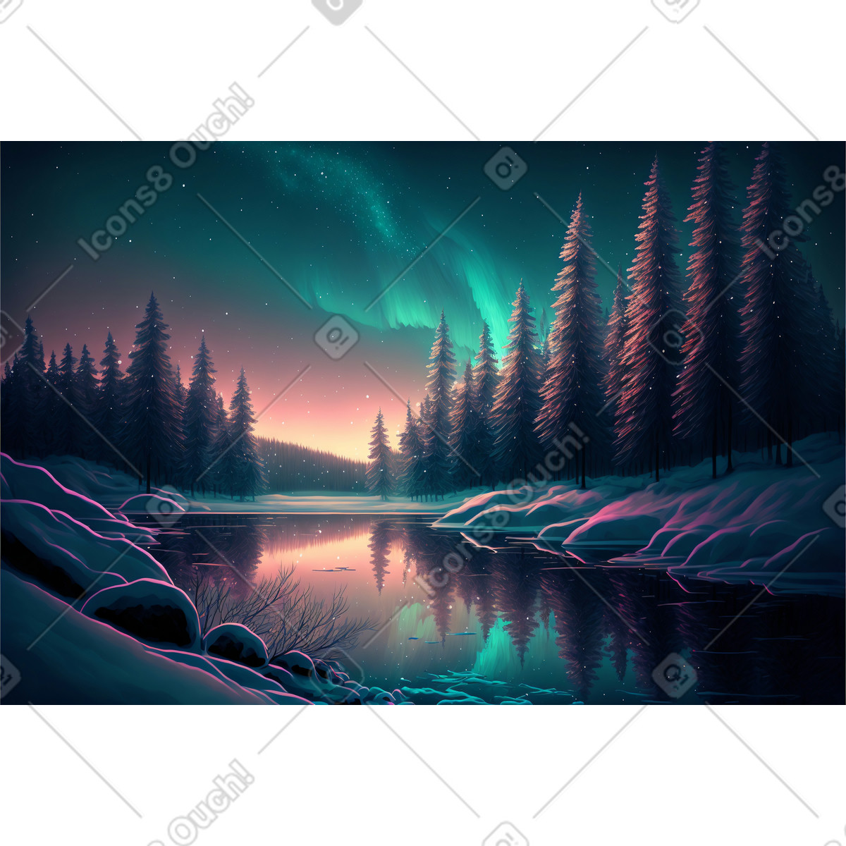 3D winter forest near the lake background illustration in Experimental style download in PNG, SVG