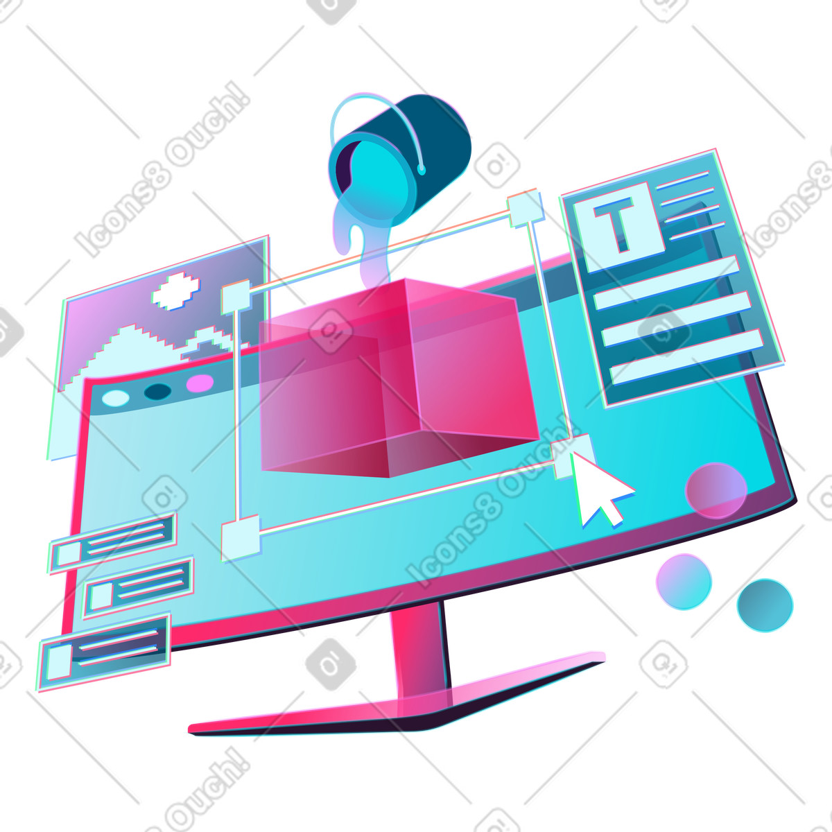 Monitorare con progetto di design 3d illustrazione in stile Neon scarica in PNG, SVG