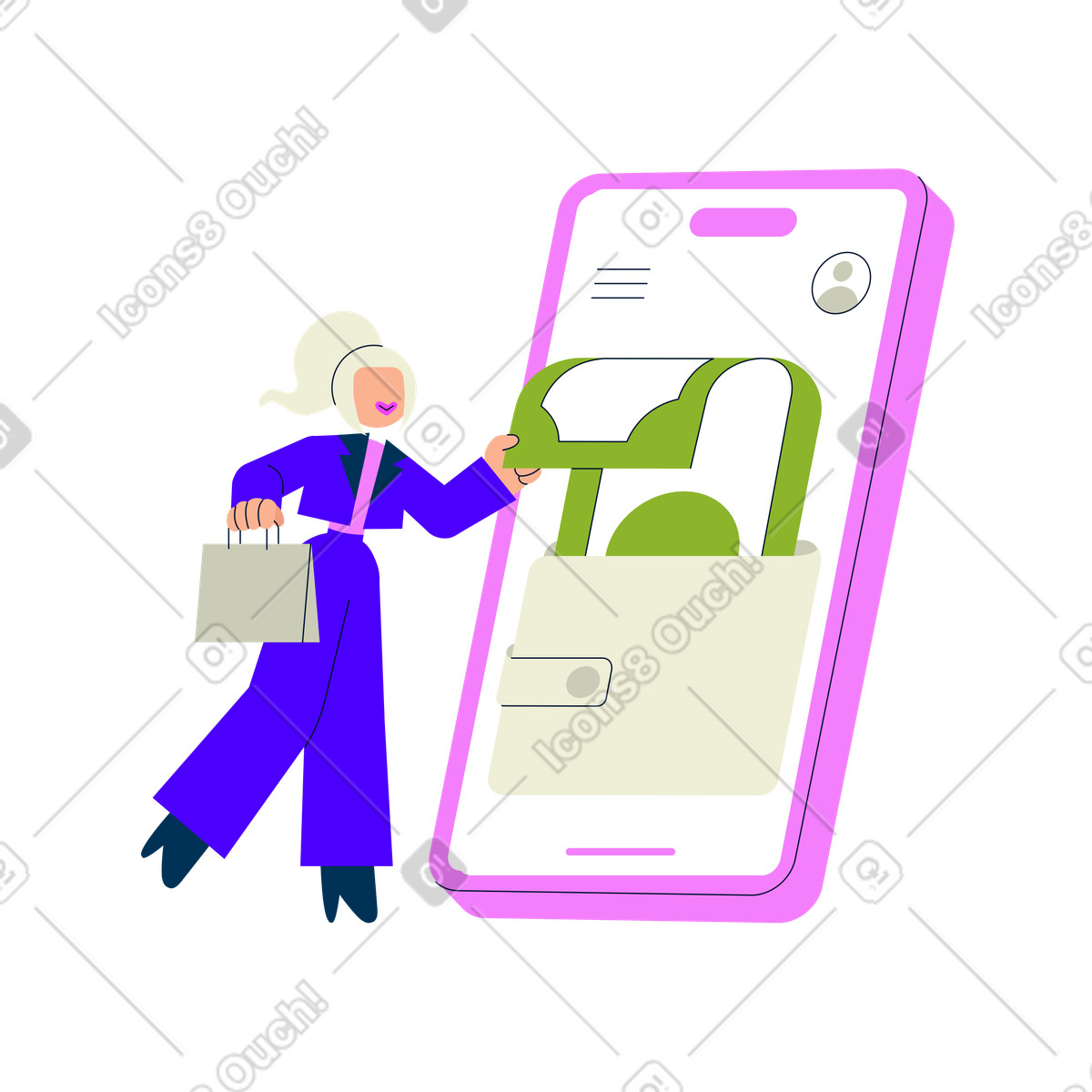Woman withdrawing money illustration e-wallet clipart for cash projects in PNG SVG