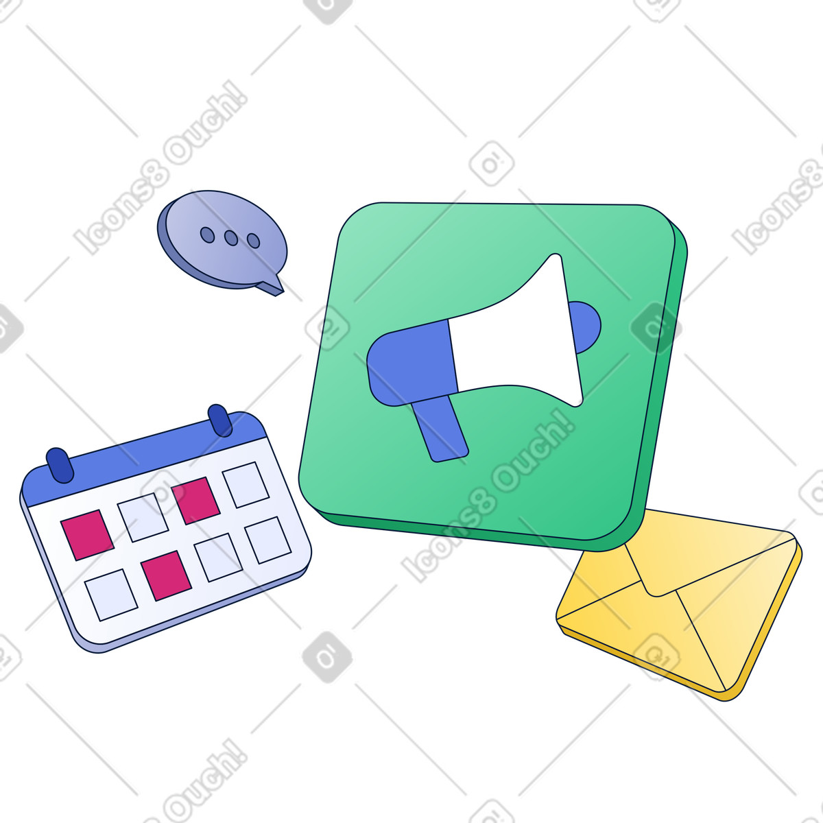 下载 Neat 风格的 Megaphone marketing campaign planning with calendar email and chat message 插画，支持 PNG、SVG 格式