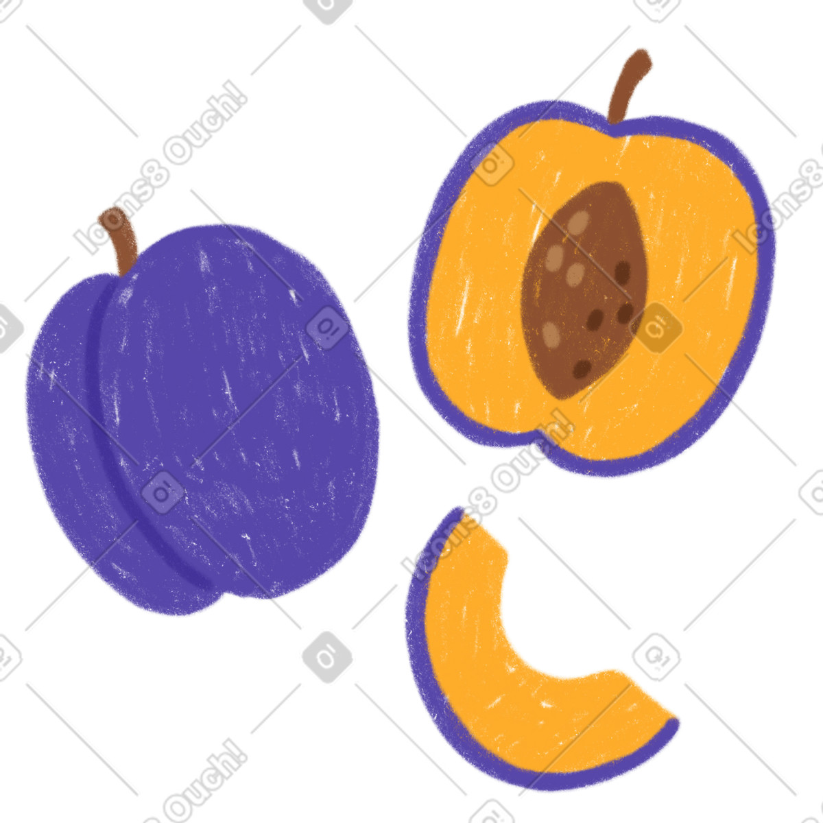 Ilustración Ciruela, media ciruela y una rodaja de ciruela. en estilo Cozy a descargar en PNG SVG