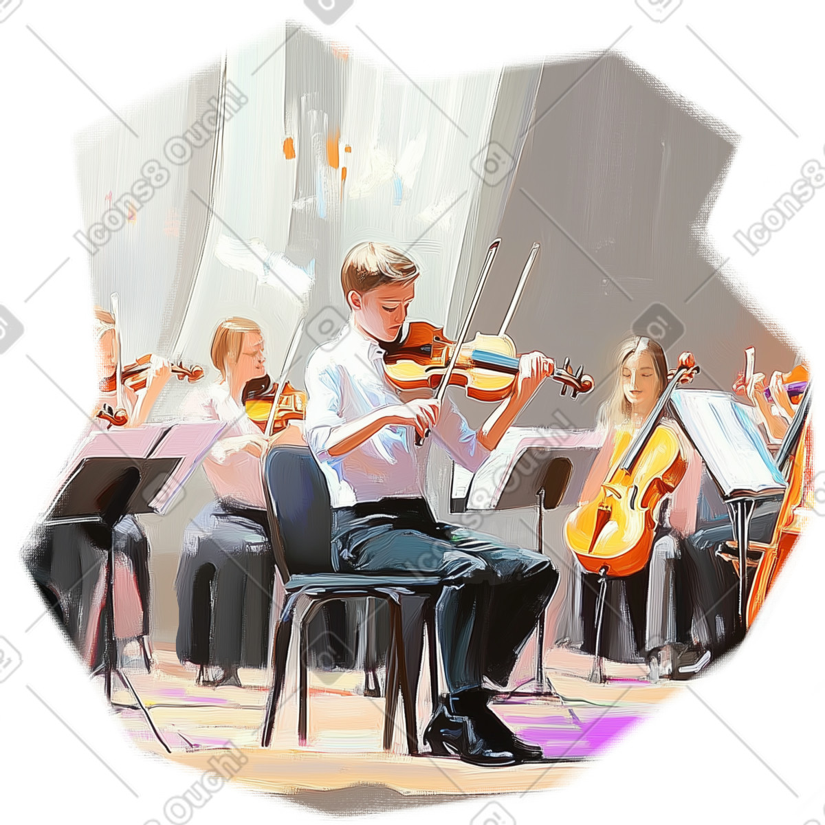 Oil painting of a symphony orchestra on stage-Illustration im Pictorial-Stil als Download in PNG, SVG