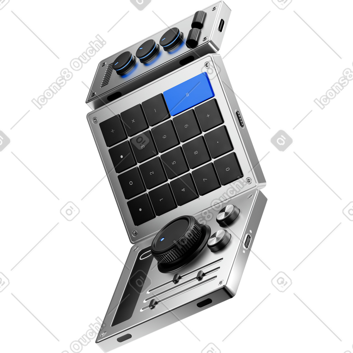 下载 3D Pro 风格的 Controller keypad with rotary knobs and sliders for music production 插画，支持 PNG、SVG 格式