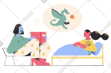 Mom reading a bedtime story to daughter PNG, SVG