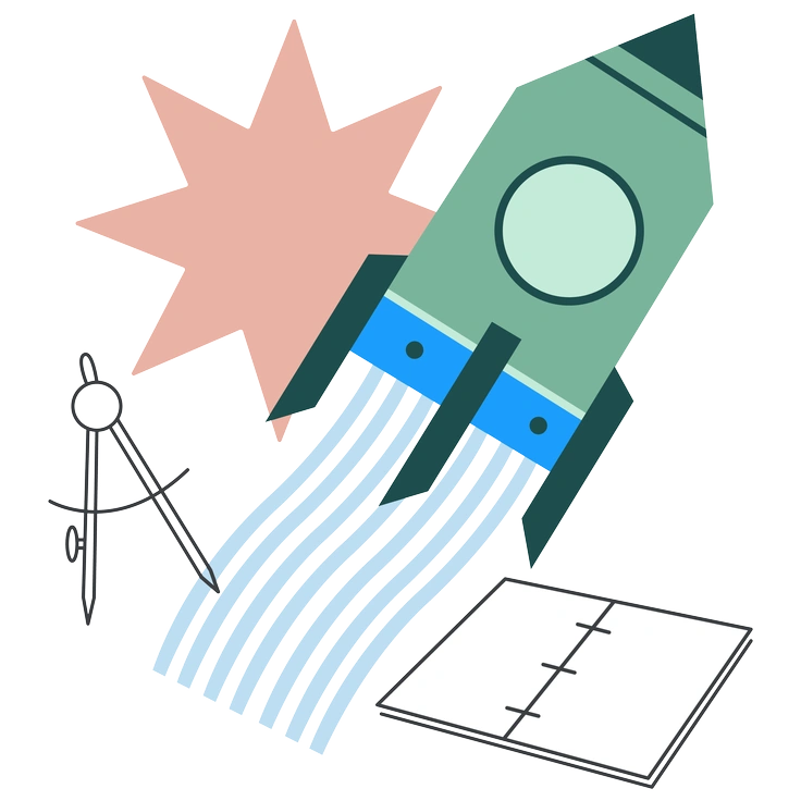 A rocket launching with a compass and notebook - Kiddo style illustration
