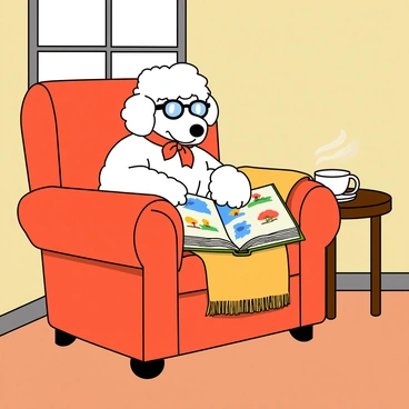 A stylish poodle wearing round glasses reading a book on a comfy chair