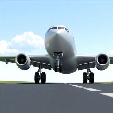 An airplane with a sleek metallic fuselage is coming in for a landing on a runway. The landing gear is extended and clearly visible with large tires and detailed brakes illuminated by the sunlight. The aircraft's wings are slightly tilted, with flaps deployed, indicating a careful descent. There are clouds in the background, slightly obscuring the blue sky, while the runway is marked with white lines and safety markings. The scene captures the moment just before touchdown, with the airplane's nose angled downward and wheels inches away from the runway surface.