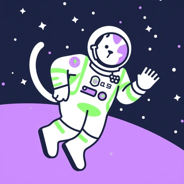 A cat in a space suit is floating in the vastness of space. The cat's suit is detailed with various patches and insignia. It is looking through its helmet, which reflects the planet Earth in its visor. The background features a scattering of stars visible against the dark expanse of space. The cat's tail is curled gracefully behind it, adding to the scene's whimsicality.