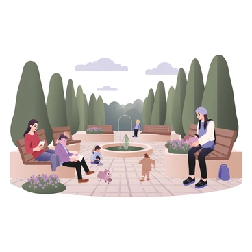 A digital flat illustration of a tranquil courtyard setting. In the foreground, there are several people relaxing on wooden benches and low stone walls. A young woman with long brown hair is sitting on a bench, reading a book. To her left, an older man with gray hair is enjoying a cup of tea, while a child with curly hair is playing with a small dog near the flower beds. The background features lush greenery, including tall trees and vibrant flower bushes, providing a peaceful atmosphere. The courtyard has cobblestone pathways leading to a small fountain at its center. The sky is clear with a few fluffy clouds, enhancing the serene environment.