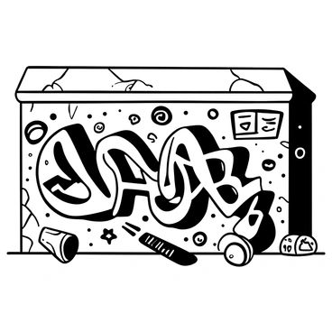 A city wall covered in intricate graffiti art featuring various shapes, patterns, and stylized letters. The graffiti displays a mix of abstract designs and recognizable symbols throughout the surface. The wall itself appears weathered, with cracks and patches visible. There are scattered elements like spray paint cans and brushes lying on the ground in front of the wall, adding to the urban atmosphere.