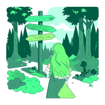 A character standing at a crossroads in a lush forest, with signposts leading in various directions