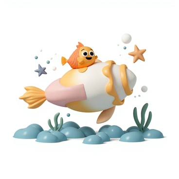 A cartoon fish with bright orange and yellow scales is smiling as it rides on a rocket ship made entirely of various seashells. The rocket ship features large conch shells as the main body and smaller scallop shells as fins. The fish has large, expressive eyes and fins that flap excitedly in the wind. The scene is set among gentle waves, with bubbles rising around the rocket ship as it ascends into the sky. A few colorful starfish and seaweed are visible in the background, adding to the underwater atmosphere.