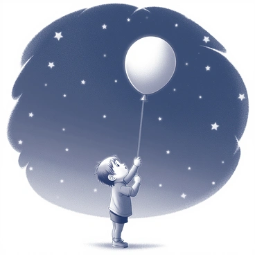 A child is standing on the ground, holding a large balloon with a string. The child is looking upward with an expression of wonder. The balloon is rising into the sky, drifting away into the night. The background is filled with numerous stars that are scattered across a dark sky, creating a vast and expansive atmosphere. The child wears a simple outfit, and their hair is slightly tousled by a gentle breeze.