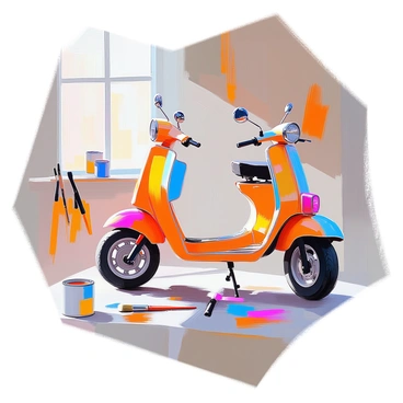 A workshop scene features a moped frame suspended from the ceiling, showcasing a vibrant array of freshly painted colors, including bright red, blue, and yellow. The frame is positioned against a backdrop of various tools neatly arranged on the walls. Soft light filters through a nearby window, casting gentle shadows and highlighting the smooth, glossy finish of the paint. Surrounding the moped frame are scattered cans of paint and brushes, indicating recent activity in the space.