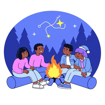 A group of three friends sitting on logs around a campfire. The friends are wearing casual clothing and have cheerful expressions as they gaze up at the "Big Dipper" constellation shining brightly in the night sky. The campfire is crackling with bright orange flames, casting a warm glow on their faces. The background is filled with silhouettes of tall trees, framing the scene while the stars twinkle around the "Big Dipper."