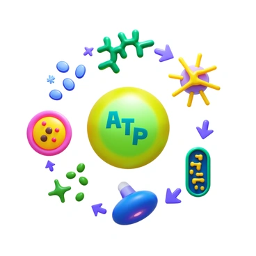 A 3D icon depicting an animated cycle of "ATP" molecules being produced and used. The icon shows "ATP" molecules with a vibrant green color, illustrating their energetic properties. Surrounding the "ATP" molecules, there are dynamic cellular components such as "mitochondria" represented in a realistic style, showcasing their role in energy production. Other elements include "nutrients" entering the mitochondria, and "energy" being released into the cellular environment, all rendered with vibrant colors and distinct details to emphasize the activity within a cell.