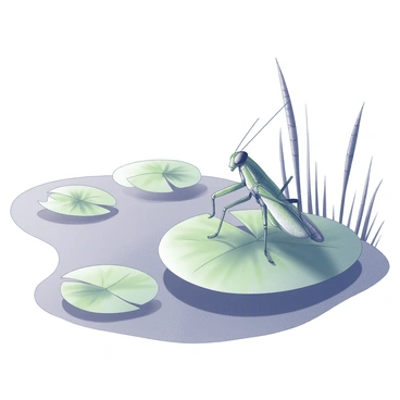 A grasshopper with elongated legs and delicate wings is perched on a lily pad. The lily pad has broad, flat green leaves that float on the surface of the water. The pond is surrounded by tall grasses and a few reeds. The water is calm, reflecting the shapes of the lily pads and the grasshopper. A few other lily pads are visible in the background, creating a natural setting for the grasshopper.
