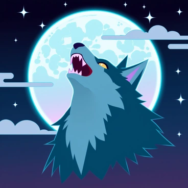 A majestic wolf head with thick gray fur and piercing yellow eyes, tilted back as it howls. The full moon illuminates the wolf, casting a silvery glow over its features. The night sky is filled with countless bright stars, twinkling against a deep blue backdrop. Wispy clouds drift across the moon, enhancing the ethereal atmosphere. The wolf's open mouth reveals sharp teeth, and its ears are perked up, capturing the sounds of the night.