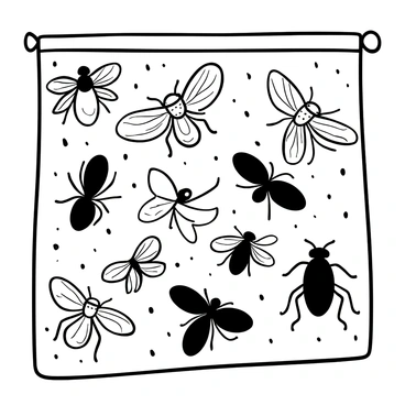 A quilt laid out flat, showcasing an intricate pattern of cicada designs. Each cicada is depicted in detailed black-and-white illustration, emphasizing their unique shapes and textures. The quilt features a variety of cicada styles, some with large wings spread open, while others are perched with wings folded. The background of the quilt is a simple, textured fabric that allows the cicada designs to stand out prominently.