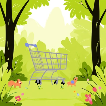 A shopping cart located in the center of a dense, green forest. The cart is metallic gray with a mesh design, visible among the tall trees and thick undergrowth. Sunlight filters through the leaves, casting dappled shadows on the ground. Surrounding the cart, various shades of green foliage create a lush environment. Small flowers with bright colors peek through the grass, adding detail to the forest floor. A few curious woodland creatures, like a squirrel and a bird, can be seen near the cart, intrigued by its presence.