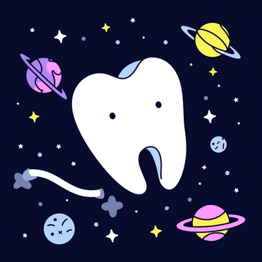 A cosmic scene where a large tooth floats among stars and planets