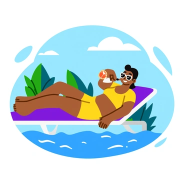 A person relaxing on a lounge chair by a sparkling blue pool. The individual is wearing stylish sunglasses and enjoying a colorful drink with a slice of orange on the rim. The scene includes vibrant tropical plants in the background and a clear sky above. The water in the pool reflects the sunlight, creating a shimmering effect around the lounging area.