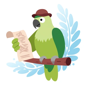 A parrot with vibrant green feathers is perched on a wooden branch. The parrot is wearing a tiny explorer's hat that sits snugly on its head. In one of its claws, it holds a treasure map that is partially unfurled, revealing intricate details of a coastline and an "X" marking a treasure spot. The background features lush tropical foliage that adds to the adventurous theme.