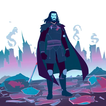 Jon Snow, a man with long dark hair and a rugged, weathered face, stands amidst the aftermath of a fierce battle. He is clad in tattered black armor, with a cape billowing behind him. The ground is littered with debris and remnants of the confrontation, including broken weapons and fallen shields. His expression is grim but determined, showcasing his resolve. In the background, smoke rises from smoldering fires, casting a muted light on the chaotic scene around him. The sky is overcast, adding to the somber mood of the battlefield.