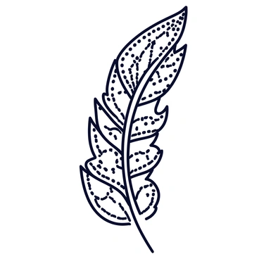 An elaborate feather design consisting of intricate lines and curves. The feather features traditional mehendi patterns, including paisleys, floral motifs, and swirls that flow along its edges. The design is filled with detailed dot work and cross-hatching, enhancing the texture of the feather. The overall appearance is symmetrical and balanced, showcasing the artistry of the mehendi style.