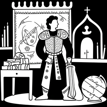 Othello wearing traditional Moorish armor, intricately designed with geometric patterns and detailed engravings, stands in a candlelit room. The flickering candlelight casts shadows on the walls, creating a dramatic atmosphere. A large ornate tapestry hangs in the background, depicting scenes from Moorish history. A wooden table laden with scrolls and an ancient sword rests to one side, while a large, antique globe sits nearby.