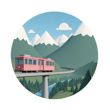 A tramway car, painted bright red, is traversing a winding rail elevated above lush green mountains. The car has large windows, allowing passengers to enjoy the sights. In the background, the mountains rise majestically, with peaks capped in white snow. The sky is clear blue, dotted with a few fluffy white clouds. Below the tram, a dense forest stretches out, and a narrow river can be seen snaking through the valley, reflecting the sunlight.