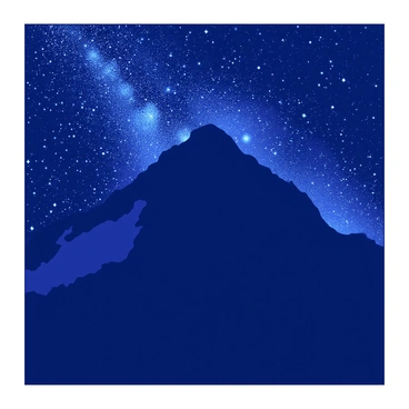 A duotone illustration of Mont Ventoux towering under a night sky. The mountain is silhouetted against a vibrant backdrop filled with countless stars. The Milky Way is prominently displayed, stretching across the sky with its bright, shimmering band of light. The stars twinkle in various sizes, illuminating the dark expanse above the mountain. The scene conveys a sense of vastness and natural beauty, focused solely on the mountain and the celestial display.