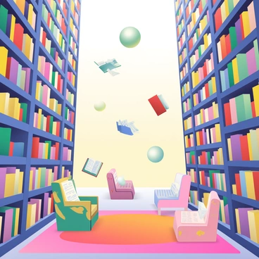 A large magical library filled with towering bookshelves that stretch high towards the ceiling. Various books are flying through the air, their pages fluttering as if animated by a gentle breeze. In the center, there are several enchanted reading seats, each one designed with unique patterns and colors. Some chairs appear to be made of soft fabric with intricate designs, while others have a wooden finish with glowing accents. Soft, warm light emanates from floating orbs above, creating a welcoming atmosphere throughout the library. A plush, vibrant rug covers the floor, adding to the cozy and inviting setting.