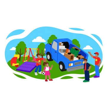 A blue junk truck with a rusty exterior is parked beside a colorful playground. The truck's back is slightly open, revealing various pieces of discarded furniture and old appliances inside. A group of children, a boy with a red cap, a girl in a pink dress, and another boy with a soccer ball, stand nearby, watching the truck with curious expressions. The playground features bright yellow swings, a red slide, and a green climbing frame. Trees with green leaves provide shade in the background, and a clear blue sky adds to the cheerful atmosphere.