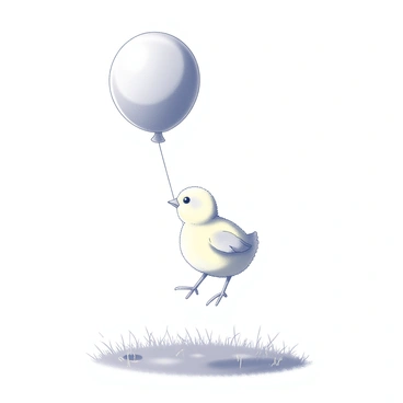 A small chick is tied to a helium balloon. The chick appears fluffy and round, with soft feathers and bright eyes. The balloon is light and round, floating effortlessly above. Below, a grassy meadow stretches out, filled with various patches of grass, softly swaying in the breeze. The scene captures the gentle movement of the chick as it floats, creating a sense of lightness and whimsy in the environment.