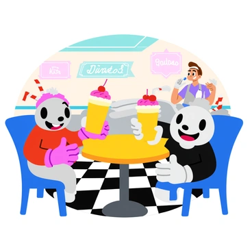 Cuphead and Mugman, two animated characters with vintage cartoon features, are sitting at a small round table in a 1930s-style diner. They both have cheerful expressions, with Cuphead sporting a classic red and white straw poking out of his cuphead. Each character has a large milkshake in front of them, topped with whipped cream and a cherry. The diner is decorated with checkerboard floors and has booths in the background. A neon sign reading "Diner" glows softly on the wall, and a waitress can be seen in the background, wearing a retro uniform.