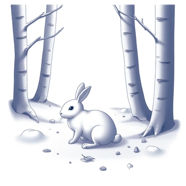 A white hare is nestled among the snow-covered ground in a winter forest. The hare's fur blends seamlessly with the surrounding snow, making it appear almost invisible. Tall trees with bare branches create a backdrop, their trunks partially covered in white frost. Scattered patches of snow are interspersed with dry leaves and twigs. Sunlight filters through the branches, casting soft shadows on the ground. The scene conveys a sense of stillness and tranquility in the snowy landscape.