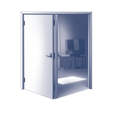 A door is in the process of closing, with the edges slightly visible as it moves toward the frame. The light is spilling out through the gap created by the door, illuminating the area just outside. The surrounding space beyond the door is bright, contrasting with the dark room behind it. Shadows are cast on the floor from the door, emphasizing the transition from light to dark. The interior of the dark room remains shrouded in shadow, with indistinct shapes and outlines barely visible.