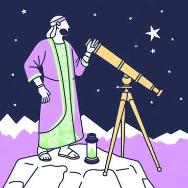 An ancient astronomer stands atop a rocky cliff, gazing up at the night sky filled with stars. He is wearing a long, flowing robe adorned with intricate patterns. Beside him is a wooden telescope mounted on a sturdy tripod, aimed at a cluster of bright stars. The telescope, made of brass and wood, has various brass fittings that catch the light. The astronomer's face is illuminated by the soft glow of a lantern placed on the ground nearby, casting faint shadows on the rocky surface. In the background, silhouettes of distant mountains rise against the starry sky, enhancing the sense of wonder in the scene.