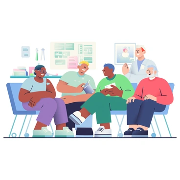 A diverse group of participants is seated in a clinical trial setting, each receiving mRNA vaccine shots. In the foreground, a woman with dark skin is smiling as a healthcare professional administers the vaccine into her upper arm. She is wearing a light blue top and has a small bandage applied afterward. To her left, a man with light skin and glasses is looking at a nurse who is preparing a syringe, demonstrating a focused expression. He is dressed in a green shirt and has a notepad on his lap. Nearby, an older participant with gray hair is chatting with another healthcare worker, wearing a red sweater and looking comfortable. The clinical room is bright, with medical posters on the walls and equipment neatly arranged in the background.