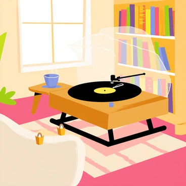 A vintage record player with a polished wooden finish is spinning a black vinyl record. The record player features a sleek tonearm with a stylus gently resting on the record. The cozy living room includes a soft, patterned rug underneath the player. A plush, inviting armchair is positioned nearby, accompanied by a small side table holding a steaming cup of coffee. Warm light filters in from a nearby window, illuminating the room and casting soft shadows. A bookshelf filled with colorful books can be seen in the background, adding to the homely atmosphere.