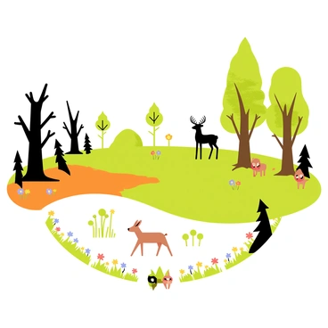 A burnt forest with blackened tree trunks and charred earth transitioning into a vibrant, lush green landscape. In the foreground, small green sprouts emerge from the ground, surrounded by patches of colorful wildflowers. Moving towards the middle of the scene, young trees with fresh green leaves grow taller, while animals such as a deer and a rabbit can be seen exploring the recovering habitat. In the background, fully grown trees with thick trunks and dense foliage stand tall, showcasing the complete regeneration of the forest. The entire scene is organized in a circular sequence, illustrating the stages of recovery from devastation to flourishing life.