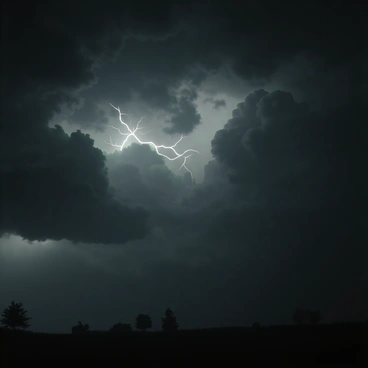 A dark and ominous sky filled with thick, swirling gray clouds. The clouds are heavy and densely packed, with patches of black interspersed throughout. Bright flashes of lightning crack through the clouds, illuminating the scene with stark white light. The atmosphere is thick with tension as the storm approaches, creating a sense of urgency. In the distance, shadows of trees can be seen swaying slightly in the increasing wind, contributing to the dramatic intensity of the moment.