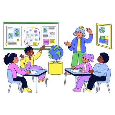 A classroom filled with bright sunlight streaming through the windows. There are several young children sitting at their desks, engaged and focused. In the center of the room, a large globe rests on a wooden pedestal. One child is pointing at the globe, while another is raising their hand to answer a question. On the walls, there are colorful educational posters related to the greenhouse effect and the environment. Each child has a notebook in front of them, open and filled with notes and drawings. The teacher, standing at the front, is smiling and encouraging the students.