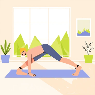 A person performing lunges in a yoga studio filled with natural light. The individual is wearing comfortable athletic clothing, focused on maintaining proper form. The floor is made of polished wood and there are potted plants in the corners of the room. Soft yoga mats are spread out on the ground, and calming artwork of nature adorns the walls. A large window shows a peaceful view of trees outside, enhancing the serene atmosphere of the studio.